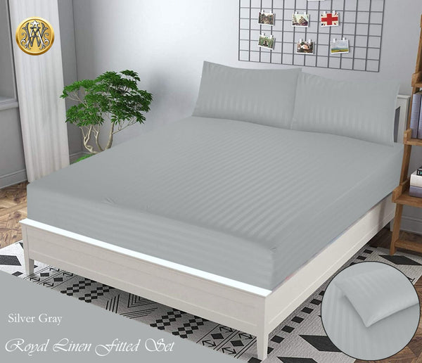SILVER GRAY STRIPE SATIN BEDSHEET SET