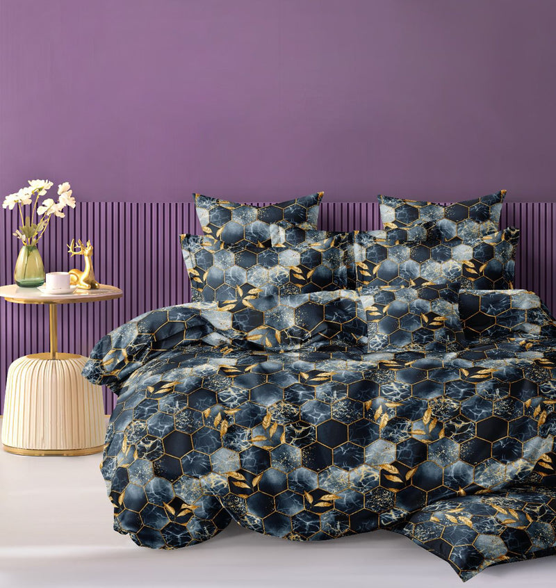NAVY & BLACK COLOR PRINTED BEDSPREAD - 3PC