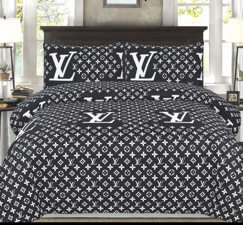 LV LOGO BLACK COLOR BRANDED BEDSHEET - 3PC