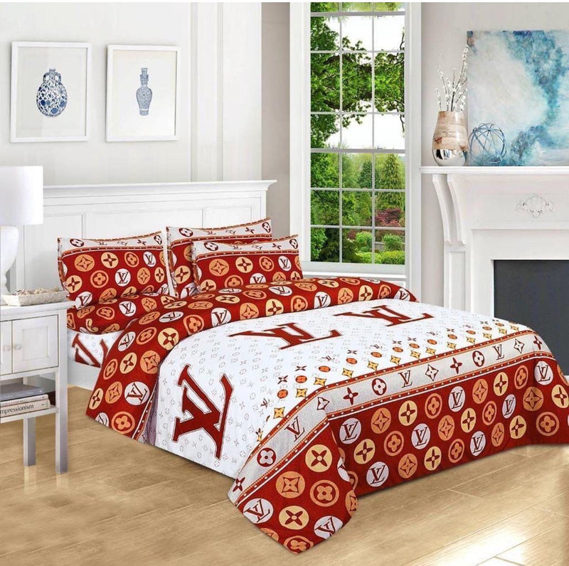 LV LOGO RED & WHITE BRANDED BEDSHEET - 3PC