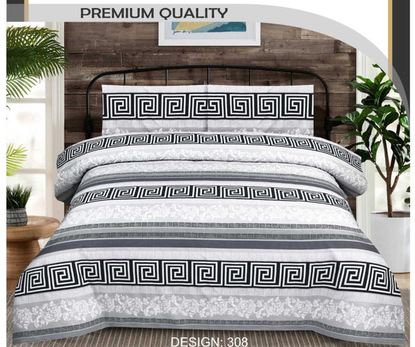 STYLISH PATTERN WHITE & BLACK COLOR BEDSHEET - 3PC