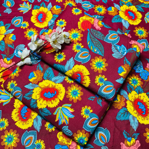 RICH MEROON WITH VIBRANT FLORAL PATTERN LINEN SUIT - 2PC