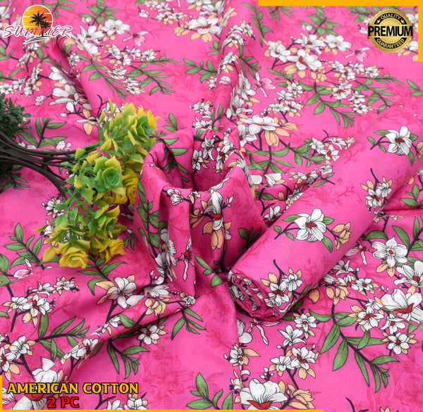 BRIGHT PINK WITH FLORAL PATTERN LINEN SUIT - 2PC