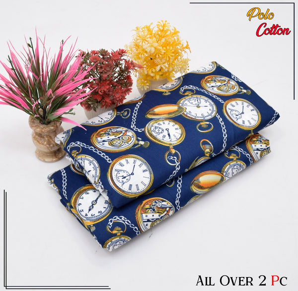 DARK BLUE WITH ORANGE CLOCK & CHAIN PATTERN LINEN SUIT - 2PC